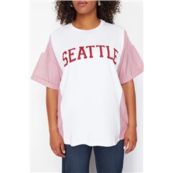 Kırmızı Çizgili Baskılı Oversize %100 PamukÖrme T-shirt TBBSS24BF00017