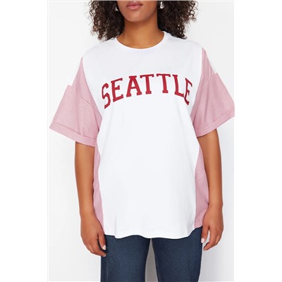 Kırmızı Çizgili Baskılı Oversize %100 PamukÖrme T-shirt TBBSS24BF00017