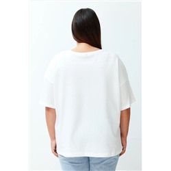 Ekru Unisex Oversize Rahat %100 Pamuklu Couple Örme T-Shirt TBBSS24BF00033