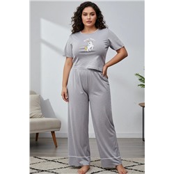 Gri Baskılı Wide Leg Crop Boy Örme Pijama Takımı TBBAW23AI00040