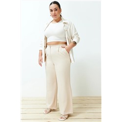 Taş Yüksek Bel Wide Leg Geniş Paça Pilili Dokuma Kumaş Pantolon TBBSS24AR00019