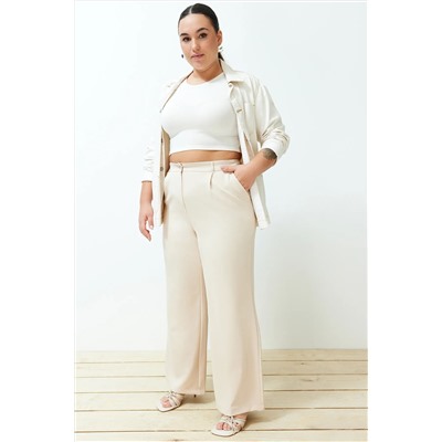 Taş Yüksek Bel Wide Leg Geniş Paça Pilili Dokuma Kumaş Pantolon TBBSS24AR00019