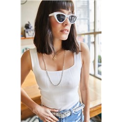 Olalook, Kadın Ekru Kare Yaka Fitilli Eteği Detaylı Crop Triko Bluz BLZ-19001872