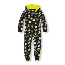 Boys Long Sleeve Alien Print Glacier Fleece Hooded One-Piece Sleeper