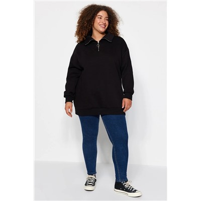 Siyah Kalın İçi Polarlı Fermuarlı Örme Sweatshirt TBBAW24AO00017