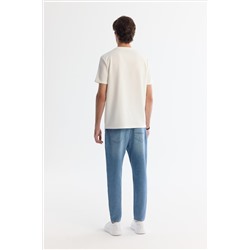 Ekru Bisiklet Yaka Elastan İnterlok T-Shirt