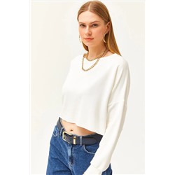 Olalook, Kadın Ekru Modal Tüşeli Yumuşak Dokulu Yarasa Crop Tişört TSH-19000776