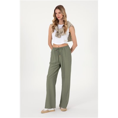 Kadın Koyu Haki Loose Relax Fit Kanvas Pantolon