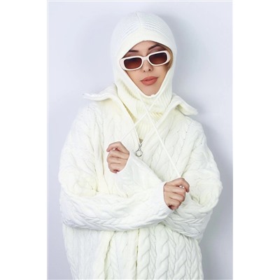 Ritnice Kadın İpli Krem Balaclava Triko Bere / Başlık 1290