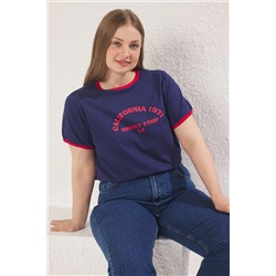 Lacivert Bisiklet Yaka Basklı Örme Büyük Beden T-Shirt TBBSS25BF00014