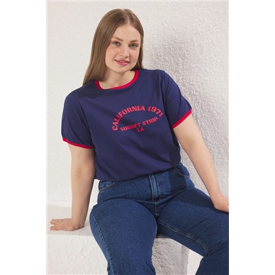 Lacivert Bisiklet Yaka Basklı Örme Büyük Beden T-Shirt TBBSS25BF00014