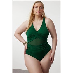 Trendyol Curve Zümrüt Yeşili Belde Cut Out Mesh/Tül Detaylı Büyük Beden Mayo TBBSS23AM00037