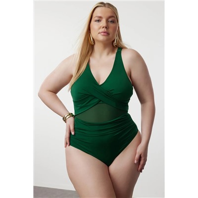 Trendyol Curve Zümrüt Yeşili Belde Cut Out Mesh/Tül Detaylı Büyük Beden Mayo TBBSS23AM00037