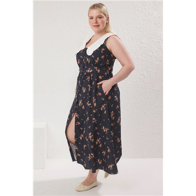 Çok Renkli Çiçekli Poplin %100 Pamuk Bebe Yaka Midi Dokuma Büyük Beden Elbise TBBSS25AH00158