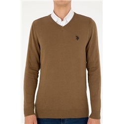 Erkek Slim Fit V Yaka Haki Melanj Basic Kazak