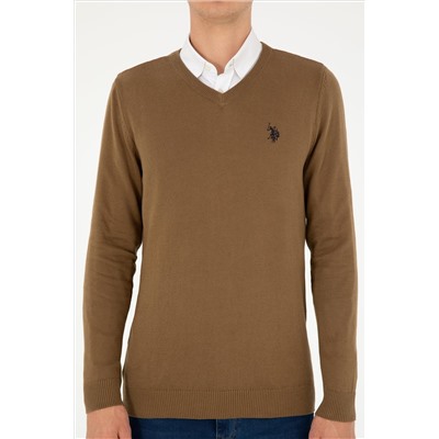 Erkek Slim Fit V Yaka Haki Melanj Basic Kazak