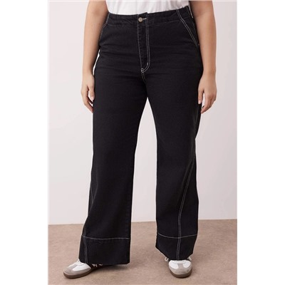 Antrasit Yüksek Bel Dikiş Detaylı Geniş Paça Büyük Beden Wide Leg Jeans TBBAW26CJ00017