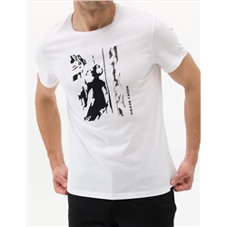 Beyaz Slim Fit Baskılı Bisiklet Yaka Tişört