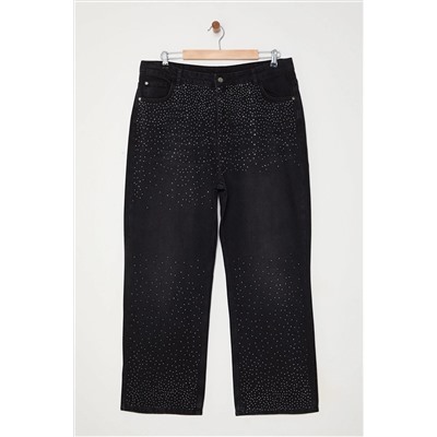 Antrasit Yüksel Bel Taşlı Straight Fit Büyük Beden Jeans TBBAW25CJ00000