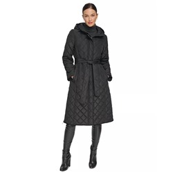 DKNY Women's Hooded Belted Quilted Coat