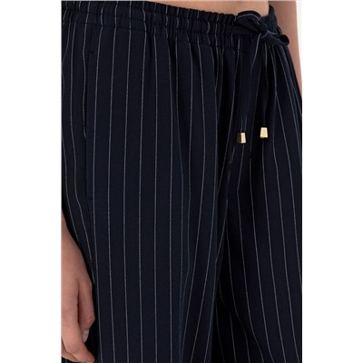 Kadın Lacivert Çizgili Loose Relax Fit Kanvas Pantolon