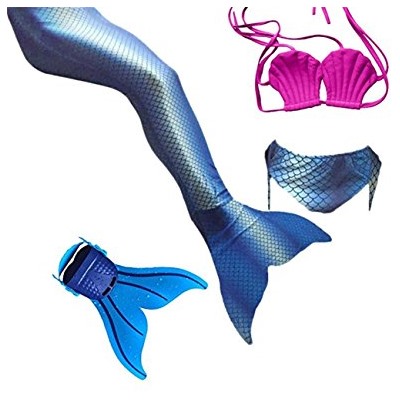 XonyiCos Kids Girls Sparkle Mermaid Tail With Monofin Swimmable Swimwear 4pcs Sets For Kids 3~10Years