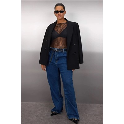 Siyah Regular Fit Kayık Yaka Dantel Esnek Örme Büyük Beden Bluz TBBAW26AF00031