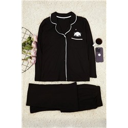 Siyah Gömlek Yaka Panda Baskılı Örme Pijama Takımı TBBAW23AI00012