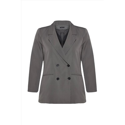 Gri Kruvaze Kapama Astarlı Büyük Beden Blazer Ceket TBBAW24AG00003
