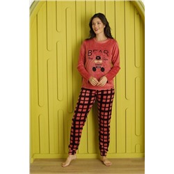 Mossta Bear Desenli Kadife Pijama Takımı Pembe BY18110