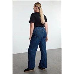 Koyu Mavi Yüksek Bel Soluk Efekt Vintage Yıkama Geniş Paça Büyük Beden Wide Leg Jeans TBBSS24CJ00042