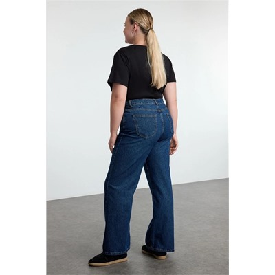 Koyu Mavi Yüksek Bel Soluk Efekt Vintage Yıkama Geniş Paça Büyük Beden Wide Leg Jeans TBBSS24CJ00042