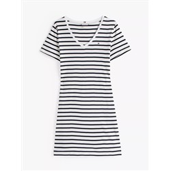 Striped Ribbed V-Neck T-Shirt Dress