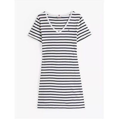 Striped Ribbed V-Neck T-Shirt Dress