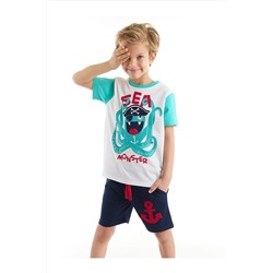 Denokids Deniz Canavarı Erkek Çocuk Beyaz T-shirt Lacivert Şort Takım CFF-22Y1-063