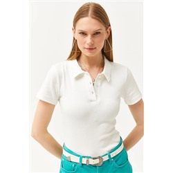Olalook Kadın Ekru Polo Yaka Düğmeli Likralı Bluz BLZ-19002558