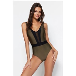 TRENDYOLMİLLA Haki Kare Yaka Mesh Detaylı Normal Paça Mayo TBESS23MA00199