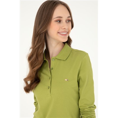 Kadın Fıstık Yeşili Basic Polo Yaka Sweatshirt