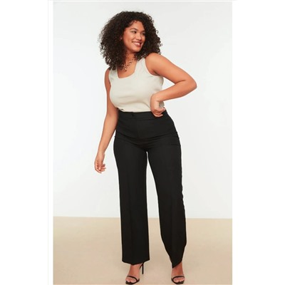 Siyah Straight/Düz Kesim Yüksek Bel Nervür Dikişli Dokuma Pantolon TBBSS22PL0301