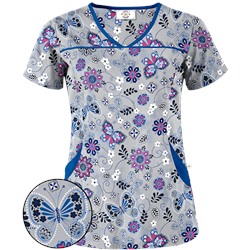 Happy Scrubs® Butterfly Breeze Silver Print Scrub Top