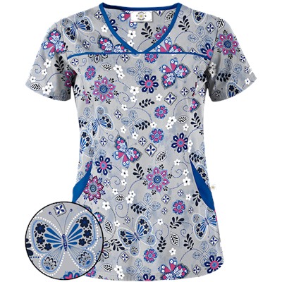 Happy Scrubs® Butterfly Breeze Silver Print Scrub Top
