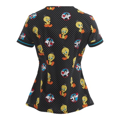Cherokee Tooniforms Scrubs Dot's A Lotta Tweety Print Top