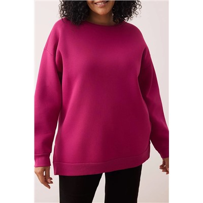 Fuşya Kalın İçi Polarlı Yırtmaçlı Oversize/Bol Kesim Örme Büyük Beden Sweatshirt TBBAW24AO00003