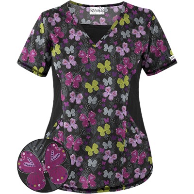 UA Butterfly Bounty Black Print Scrub Top