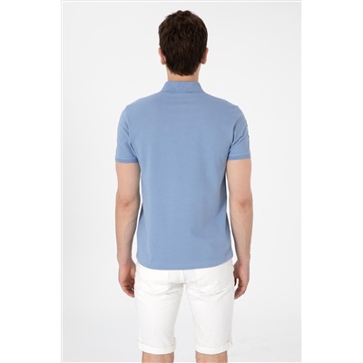 Erkek Slim Fit Polo Yaka Mavi Basic Tişört