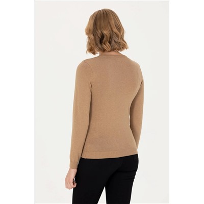Kadın Camel Melanj V - Yaka Basic  Kazak