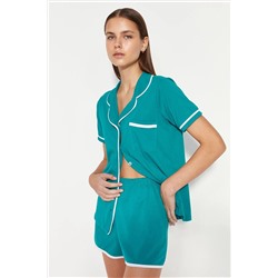 TRENDYOLMİLLA Petrol Biyeli Pamuklu Gömlek-Şort Örme Pijama Takımı THMSS20PT0406