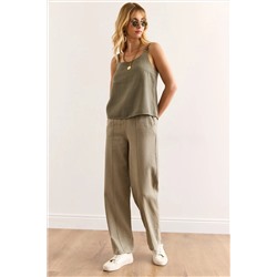 Olalook, Kadın Haki Beli Lastikli Önü Dikişli Yıkamalı Tok Keten Pantolon PNT-19000342