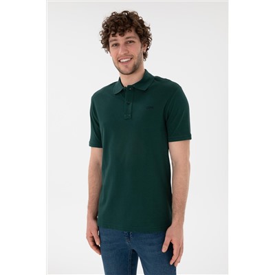 Erkek Regular Fit Polo Yaka Koyu Yeşil Basic Tişört