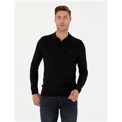 Siyah Slim Fit Polo Yaka Basic Triko Kazak